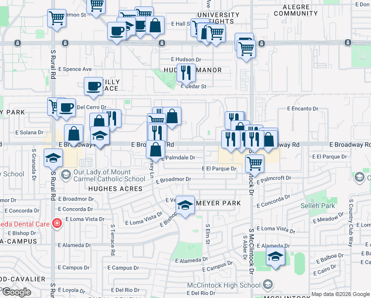 map of restaurants, bars, coffee shops, grocery stores, and more near 1431 East Palmdale Drive in Tempe