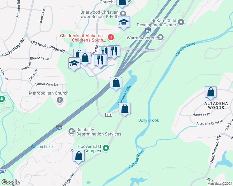map of restaurants, bars, coffee shops, grocery stores, and more near 1900 International Park Drive in Birmingham