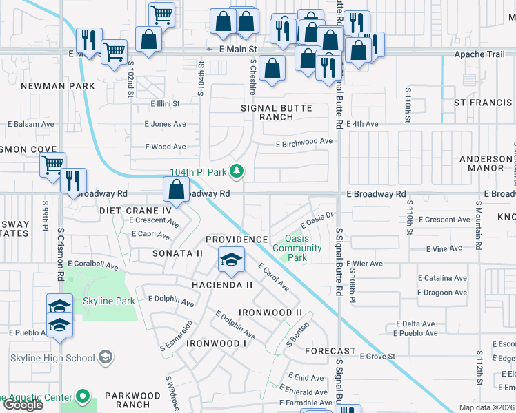 map of restaurants, bars, coffee shops, grocery stores, and more near 416 South Sabrina in Mesa