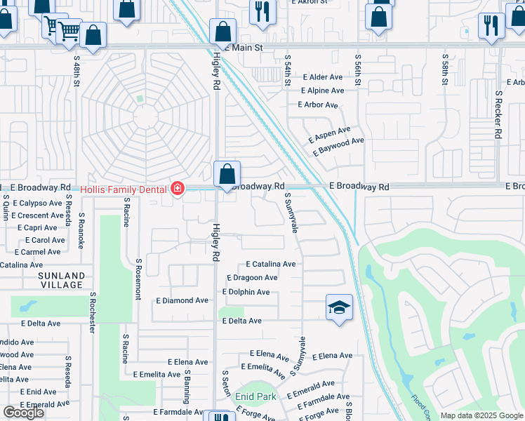 map of restaurants, bars, coffee shops, grocery stores, and more near 5315 East Broadway Road in Mesa