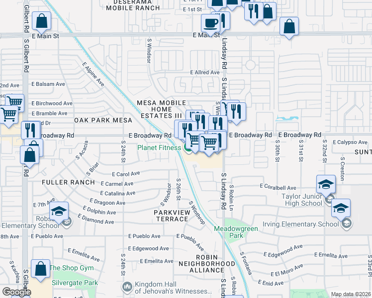 map of restaurants, bars, coffee shops, grocery stores, and more near 2639 East Broadway Road in Mesa