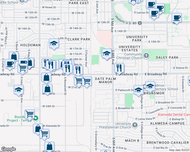 map of restaurants, bars, coffee shops, grocery stores, and more near 231 East Broadway Lane in Tempe