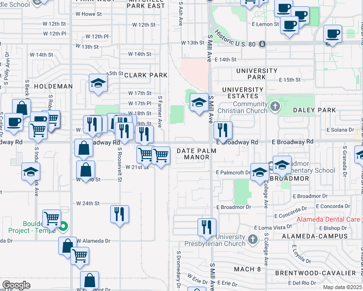 map of restaurants, bars, coffee shops, grocery stores, and more near 111 West Palmdale Drive in Tempe