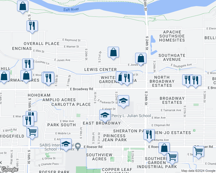 map of restaurants, bars, coffee shops, grocery stores, and more near 2138 East Broadway Road in Phoenix