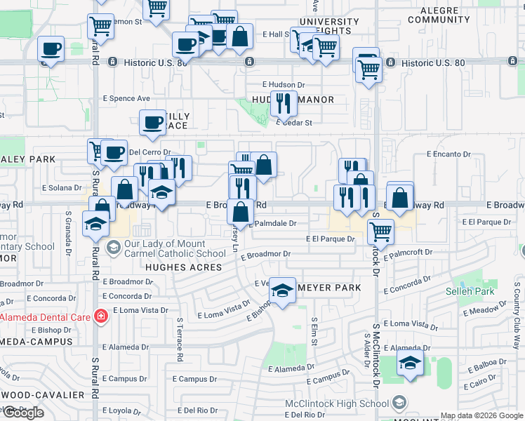 map of restaurants, bars, coffee shops, grocery stores, and more near 1335 East Palmdale Drive in Tempe