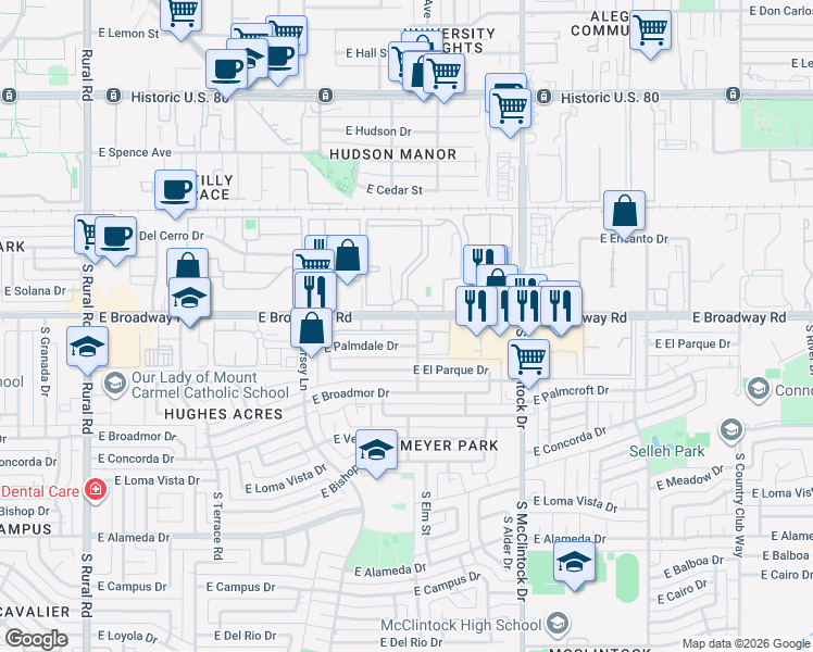 map of restaurants, bars, coffee shops, grocery stores, and more near 1536 East Palmdale Drive in Tempe