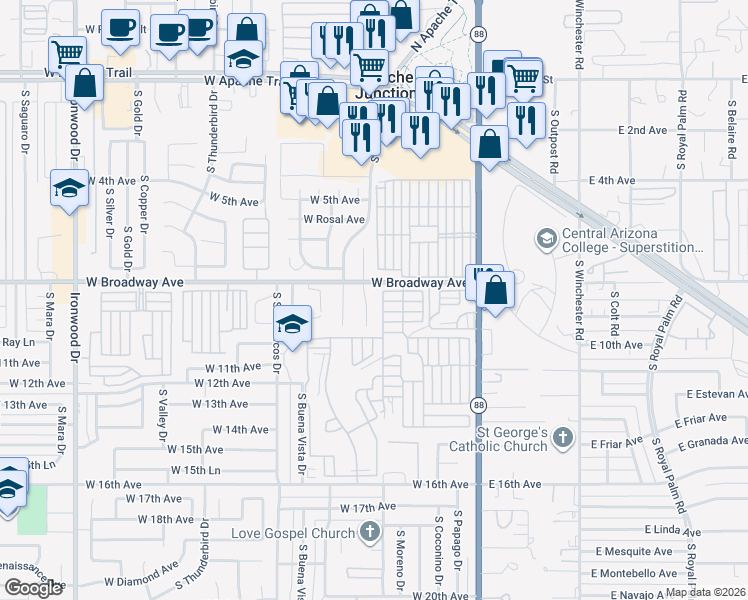 map of restaurants, bars, coffee shops, grocery stores, and more near 965 South Del Rio Court in Apache Junction