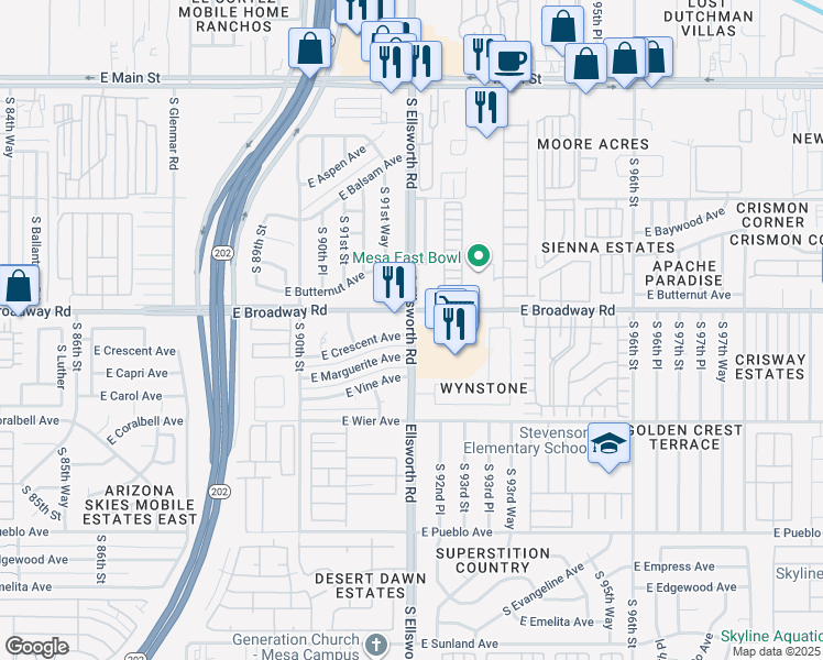 map of restaurants, bars, coffee shops, grocery stores, and more near 435 South Ellsworth Road in Mesa