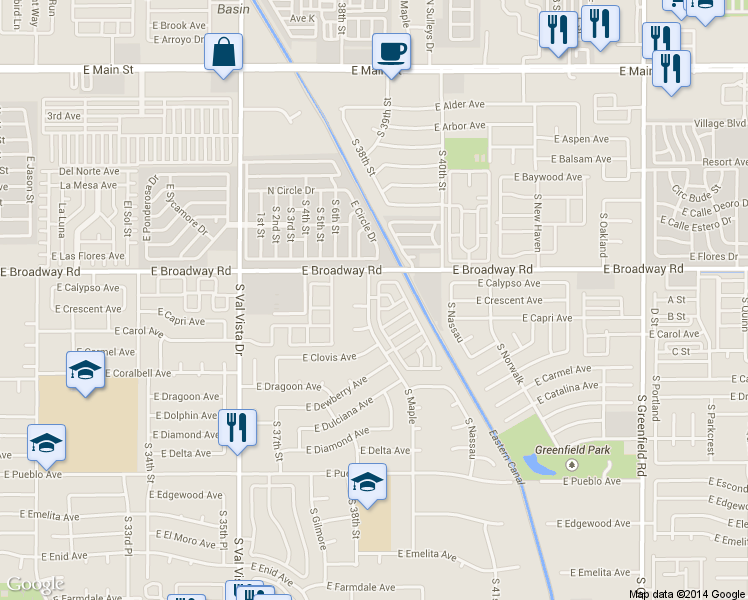 map of restaurants, bars, coffee shops, grocery stores, and more near 3836 East Carol Circle in Mesa