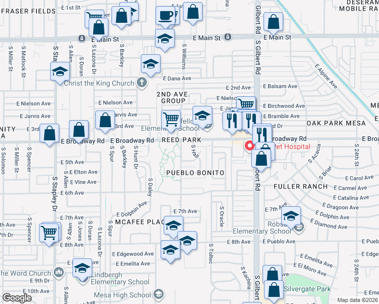 map of restaurants, bars, coffee shops, grocery stores, and more near 504 South Hall in Mesa