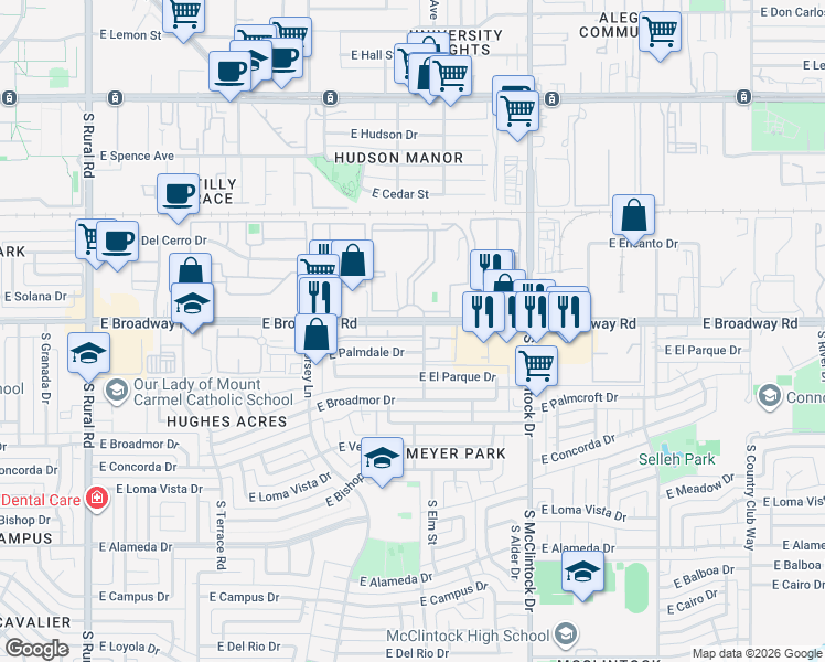 map of restaurants, bars, coffee shops, grocery stores, and more near 1536 East Palmdale Drive in Tempe