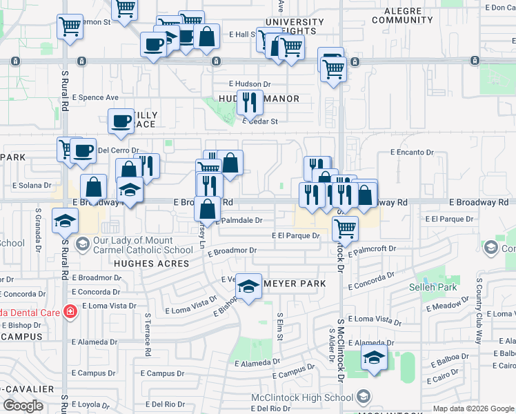 map of restaurants, bars, coffee shops, grocery stores, and more near 1431 East Palmdale Drive in Tempe