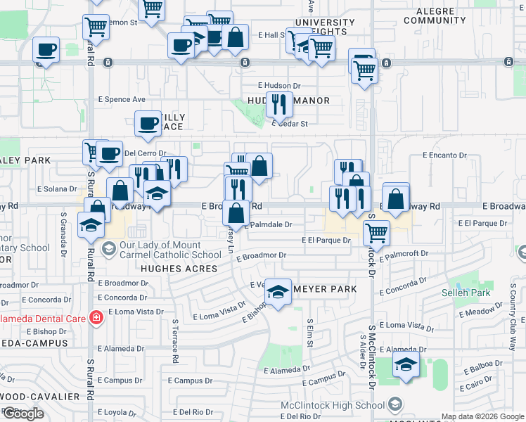 map of restaurants, bars, coffee shops, grocery stores, and more near 1335 East Palmdale Drive in Tempe