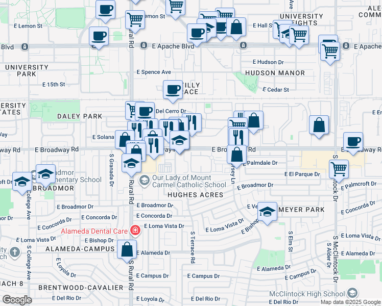 map of restaurants, bars, coffee shops, grocery stores, and more near 1207 East Broadway Road in Tempe