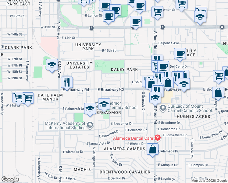 map of restaurants, bars, coffee shops, grocery stores, and more near 337 East El Parque Drive in Tempe