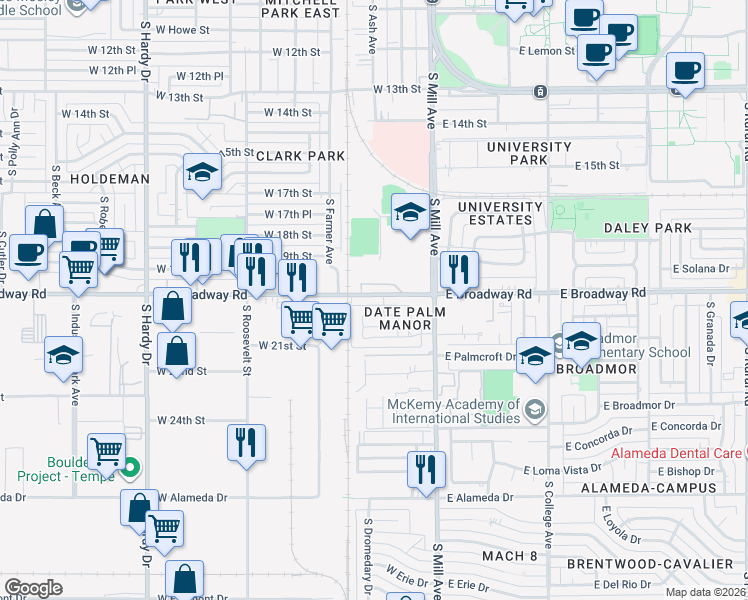 map of restaurants, bars, coffee shops, grocery stores, and more near 111 West Palmdale Drive in Tempe
