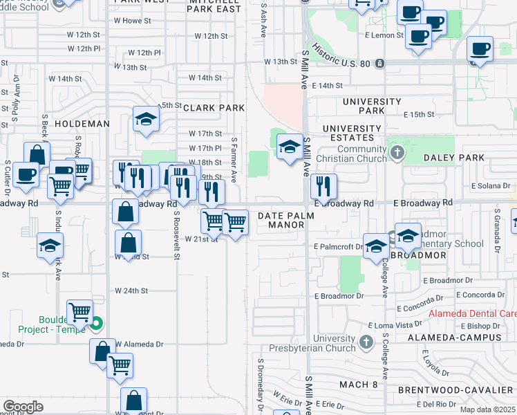 map of restaurants, bars, coffee shops, grocery stores, and more near 231 East Broadway Lane in Tempe