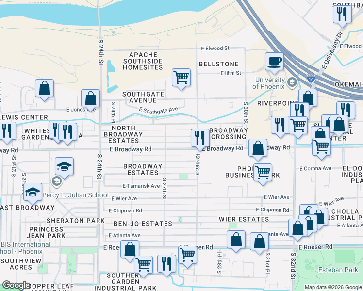 map of restaurants, bars, coffee shops, grocery stores, and more near 2719 East Broadway Road in Phoenix