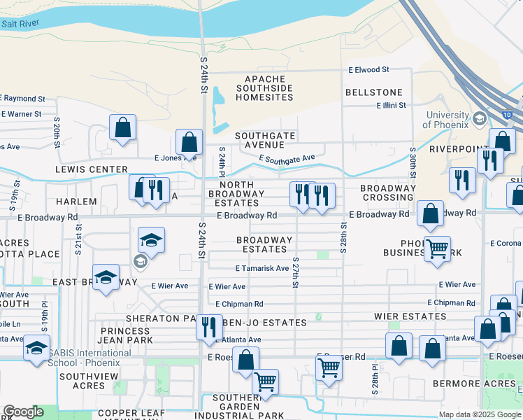 map of restaurants, bars, coffee shops, grocery stores, and more near 2515 East Broadway Road in Phoenix