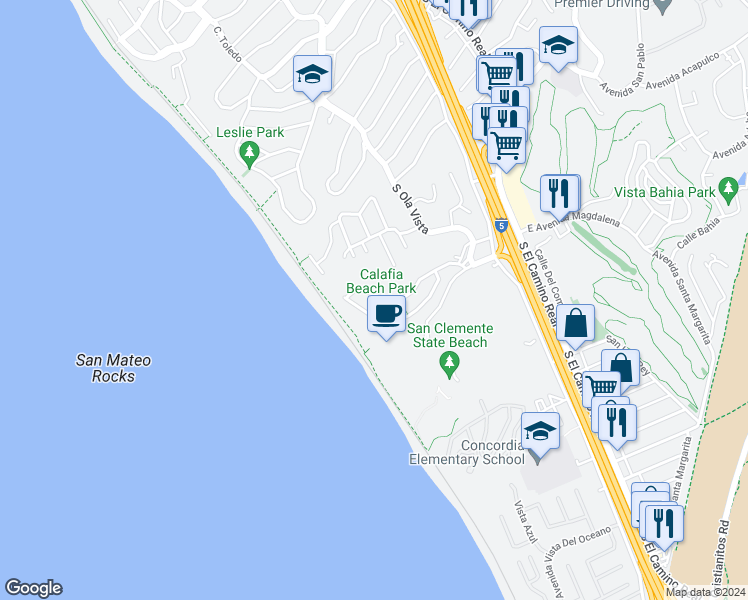 map of restaurants, bars, coffee shops, grocery stores, and more near 250 Avenida Lobeiro in San Clemente