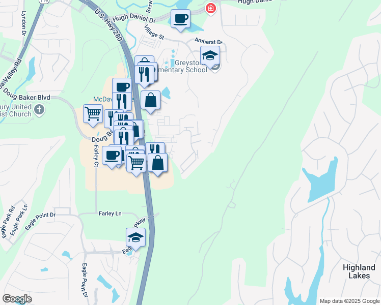 map of restaurants, bars, coffee shops, grocery stores, and more near 6113 Stonecrest Drive in Birmingham