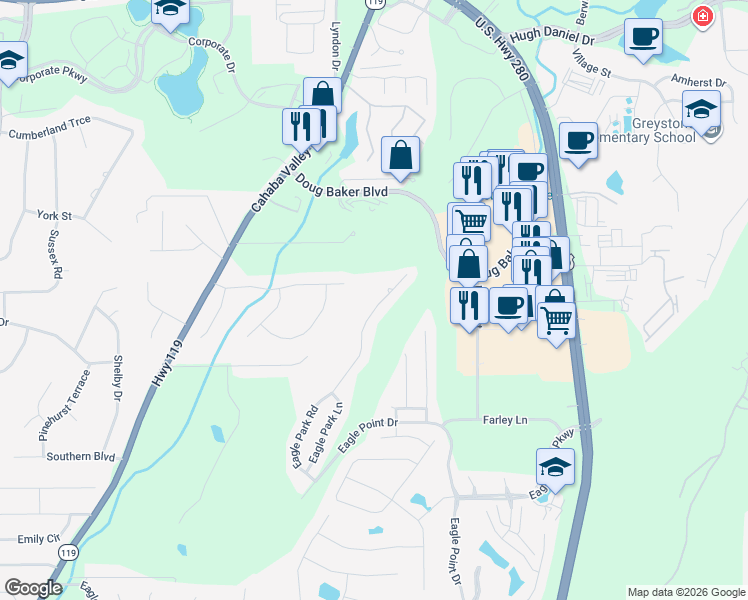 map of restaurants, bars, coffee shops, grocery stores, and more near 1266 Eagle Park Road in Birmingham