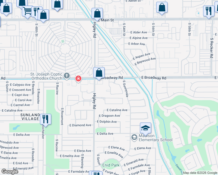 map of restaurants, bars, coffee shops, grocery stores, and more near 5315 East Broadway Road in Mesa