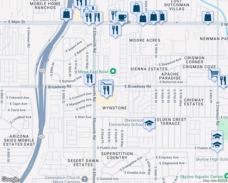 map of restaurants, bars, coffee shops, grocery stores, and more near 424 South 93rd Place in Mesa