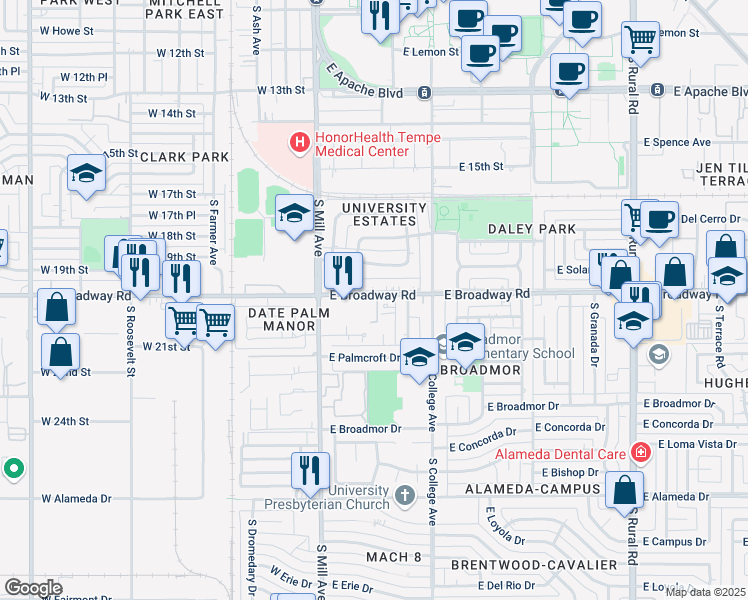 map of restaurants, bars, coffee shops, grocery stores, and more near 121 East Broadway Road in Tempe