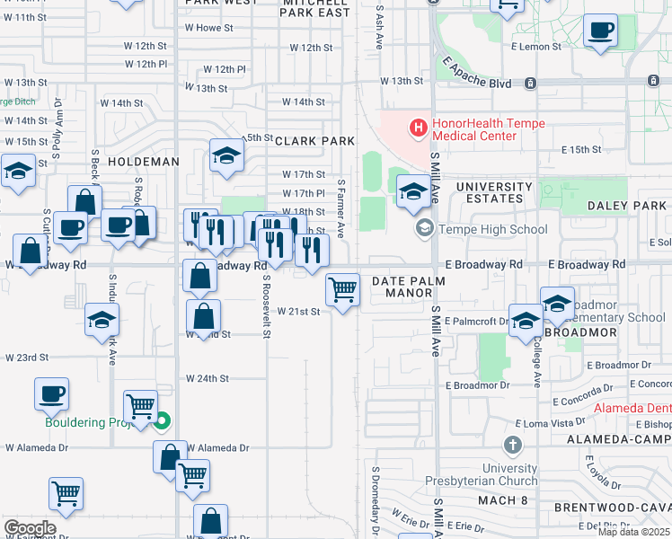 map of restaurants, bars, coffee shops, grocery stores, and more near 433 West Broadway Road in Tempe
