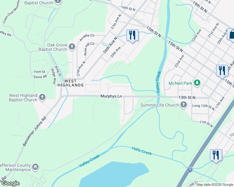 map of restaurants, bars, coffee shops, grocery stores, and more near 414 Murphys Ln in Bessemer
