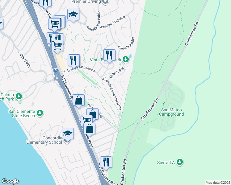 map of restaurants, bars, coffee shops, grocery stores, and more near 318 Avenida Santa Margarita in San Clemente