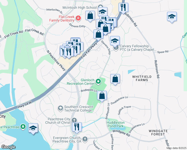 map of restaurants, bars, coffee shops, grocery stores, and more near 108 Paddock Trail in Peachtree City