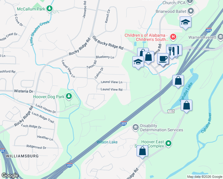 map of restaurants, bars, coffee shops, grocery stores, and more near 3521 Laurel View Road in Birmingham