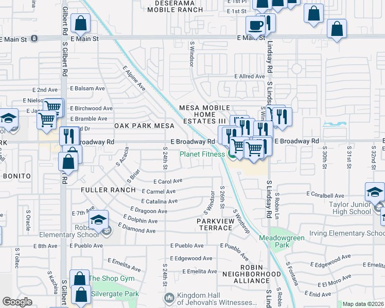 map of restaurants, bars, coffee shops, grocery stores, and more near 2455 East Broadway Road in Mesa