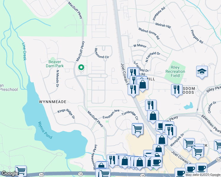 map of restaurants, bars, coffee shops, grocery stores, and more near 313 Revolution Drive in Peachtree City