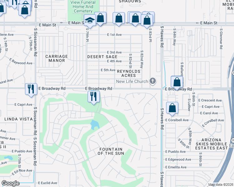 map of restaurants, bars, coffee shops, grocery stores, and more near 8032 East Broadway Road in Mesa