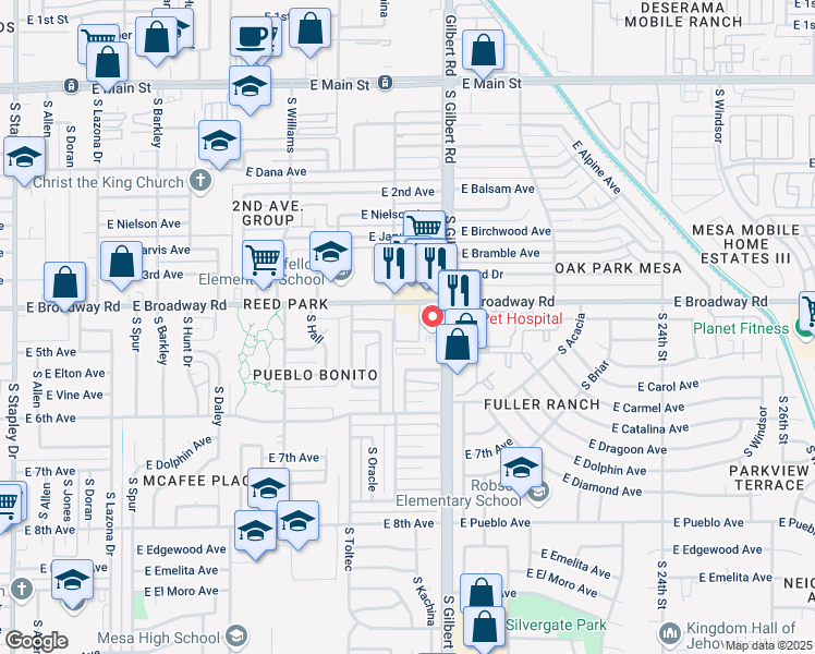 map of restaurants, bars, coffee shops, grocery stores, and more near 1859 East Broadway Road in Mesa
