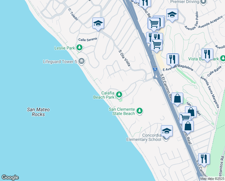 map of restaurants, bars, coffee shops, grocery stores, and more near 250 Avenida Montalvo in San Clemente