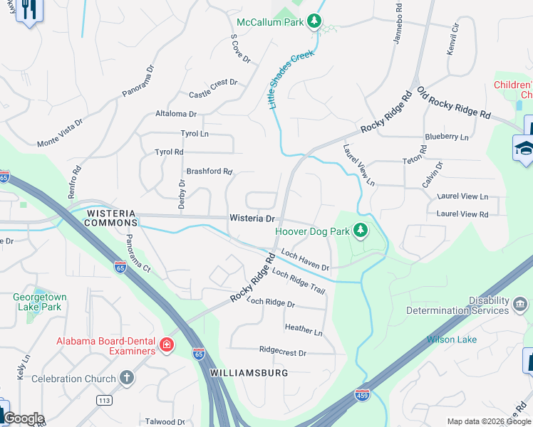 map of restaurants, bars, coffee shops, grocery stores, and more near 2305 County Road 113 in Hoover