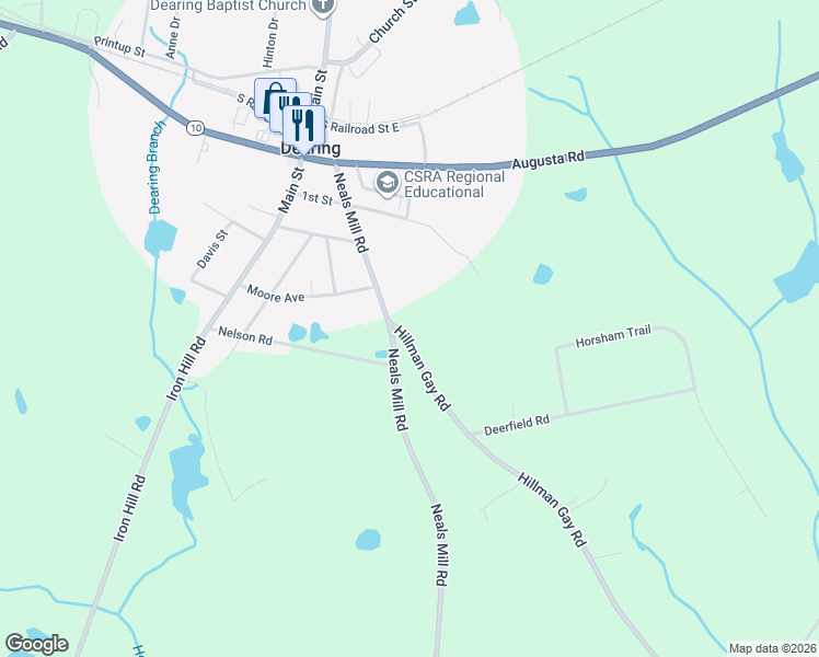 map of restaurants, bars, coffee shops, grocery stores, and more near 254-338 Neals Mill Road in Dearing