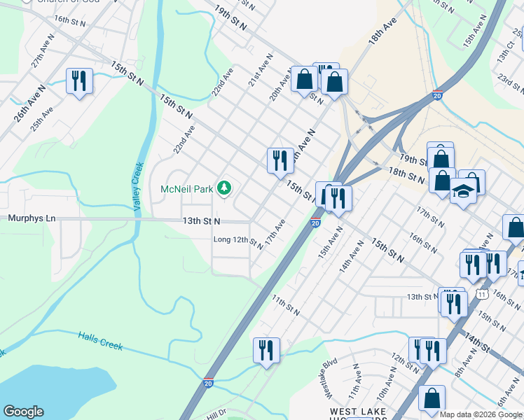 map of restaurants, bars, coffee shops, grocery stores, and more near 1309 18th Avenue North in Bessemer