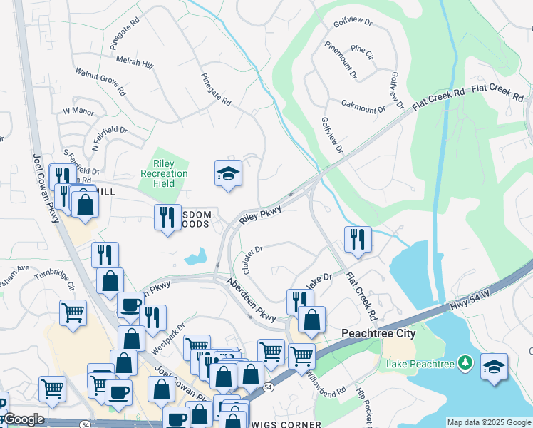 map of restaurants, bars, coffee shops, grocery stores, and more near Riley Parkway in Peachtree City