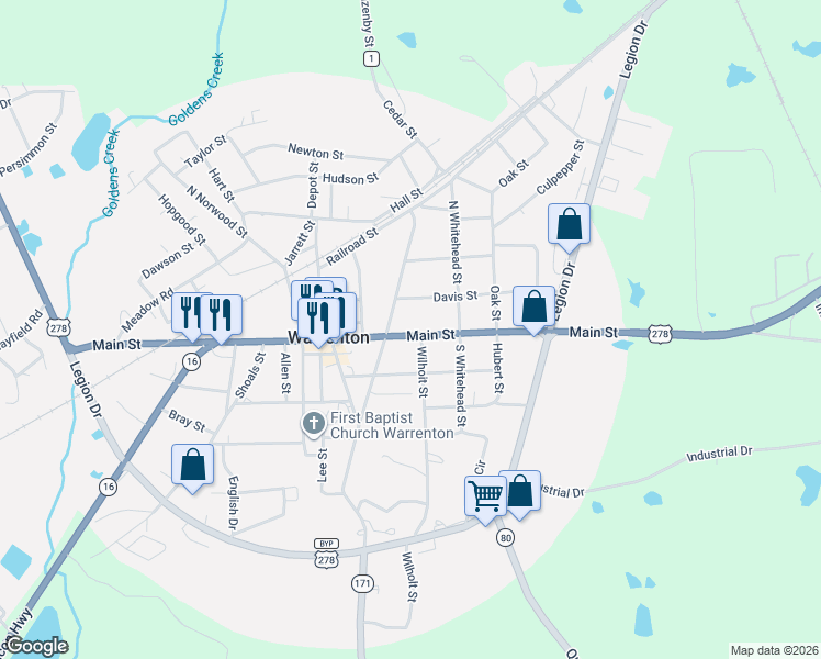 map of restaurants, bars, coffee shops, grocery stores, and more near 30 Davis Street in Warrenton