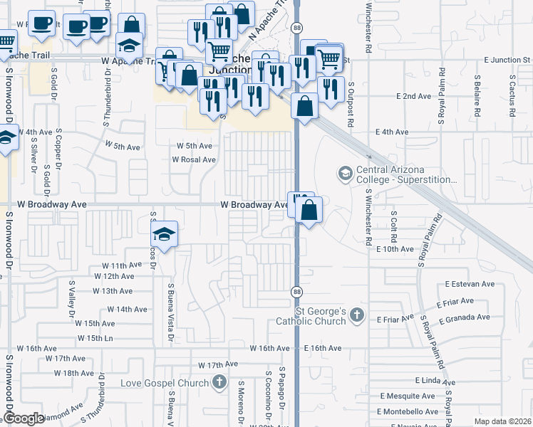 map of restaurants, bars, coffee shops, grocery stores, and more near 401 4th Avenue in Apache Junction