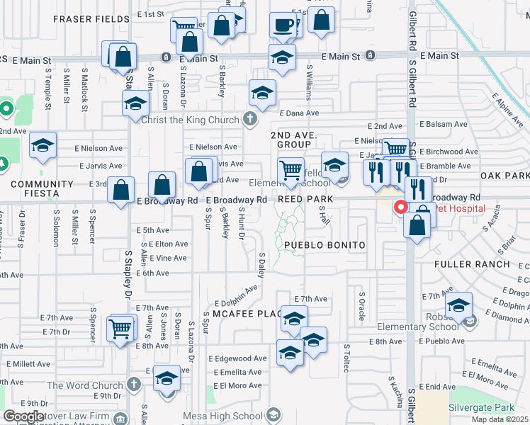 map of restaurants, bars, coffee shops, grocery stores, and more near 1616 East Broadway Road in Mesa