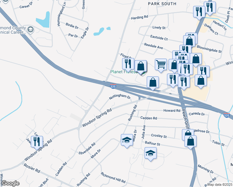 map of restaurants, bars, coffee shops, grocery stores, and more near 3200 Leeds Court in Augusta