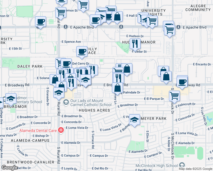 map of restaurants, bars, coffee shops, grocery stores, and more near 1232 East Broadway Road in Tempe