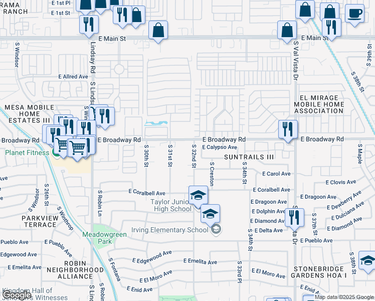 map of restaurants, bars, coffee shops, grocery stores, and more near 3165 East Broadway Road in Mesa