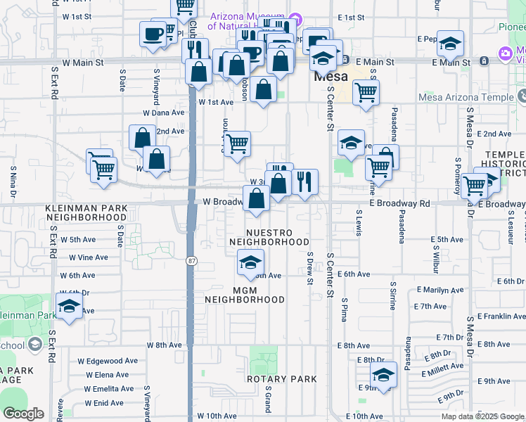 map of restaurants, bars, coffee shops, grocery stores, and more near 134 West Broadway Road in Mesa